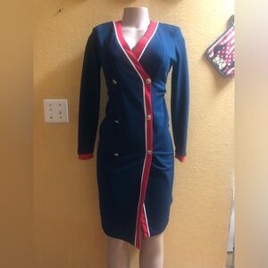 Blugaya Elegant Navy and Red Buttoned Dress